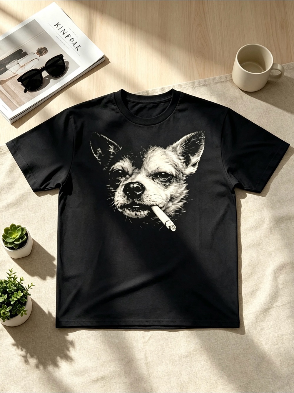 Men's Black Graphic Tee with Cream Dog Illustration